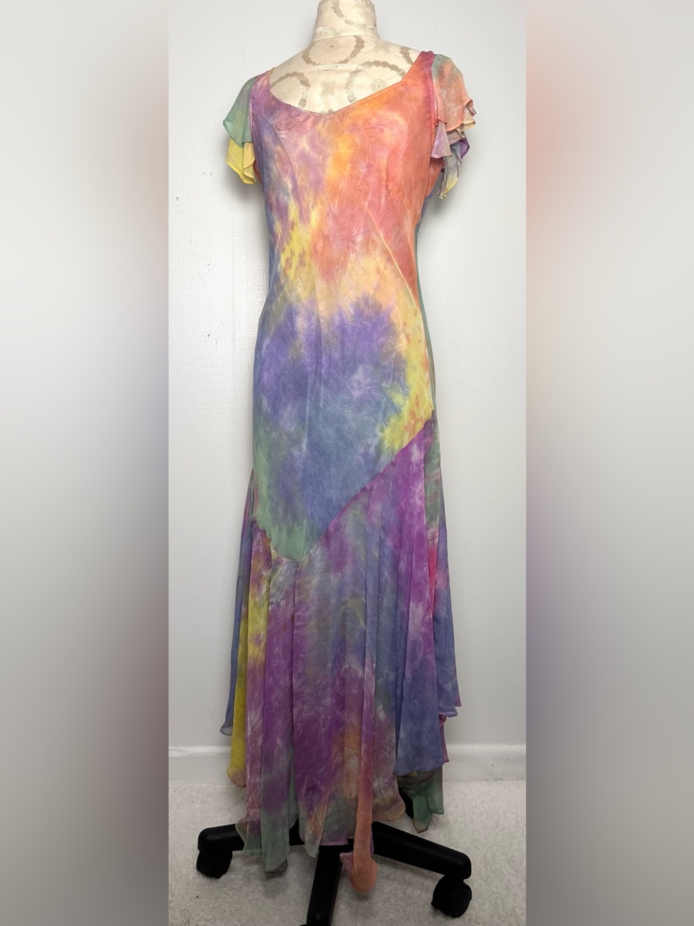 Phool Sherbet Rainbow Maxi Dress Flutter Sleeve Handkerchief Hem Occasion Dress